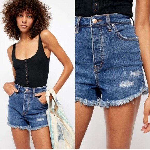 Free People We The Free Crvy Vintage High Rise Shorts Mid Wash Denim Cotton Blen - Picture 6 of 9